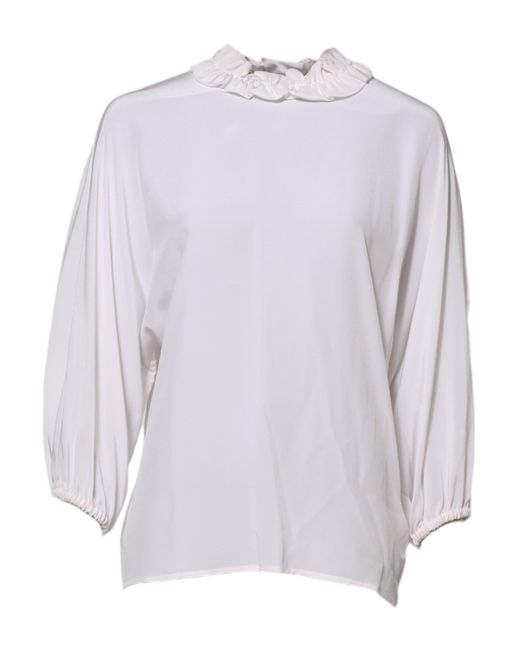Dolce & Gabbana Gray White Ruffled Neckline Blouse Pullover Top for men