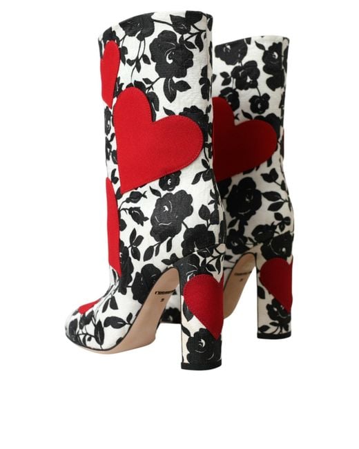 Dolce & Gabbana Red Floral Hearts Leather High Boots Shoes