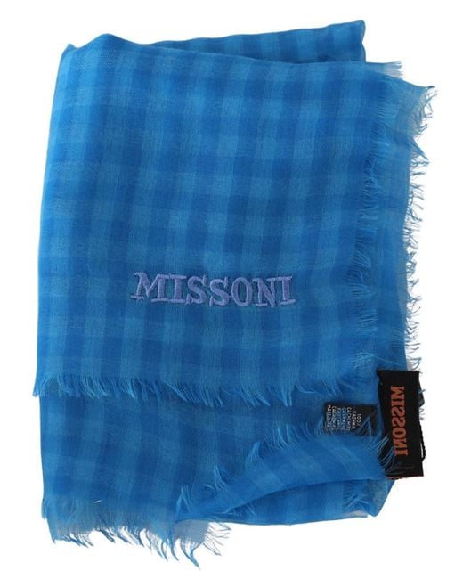 Missoni Blue Checkered Cashmere Wrap Fringes Scarf