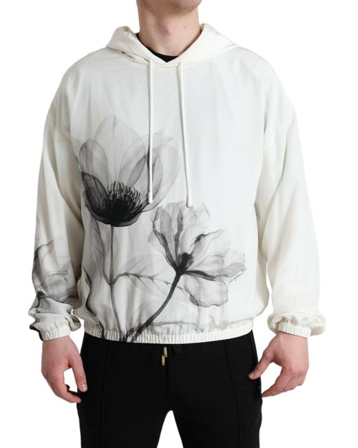 Dolce & Gabbana Gray White Floral Print Hooded Pullover Sweater for men