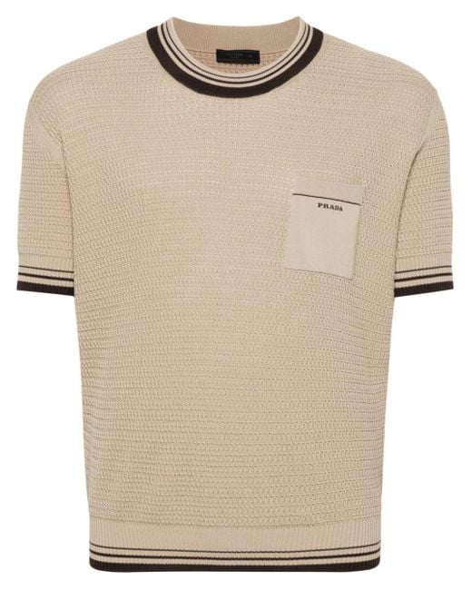 Prada Natural Embroidered-logo Knitted T-shirt for men