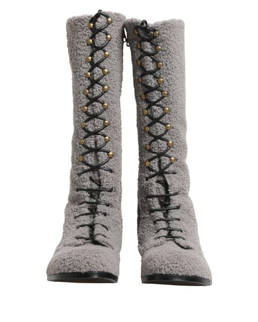Dolce & Gabbana Gray Shearling Lace Up Knee High Boots Shoes for men