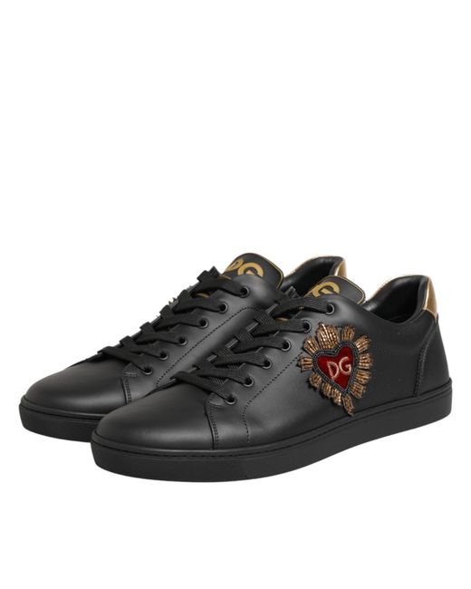 Dolce & Gabbana Brown Black Leather Heart Embellished Sneakers Shoes for men