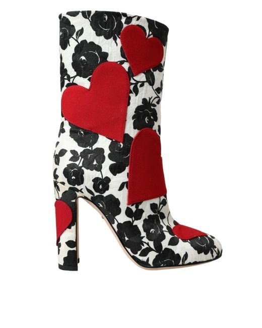 Dolce & Gabbana Red Floral Hearts Leather High Boots Shoes