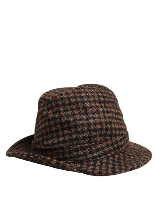 Dolce & Gabbana Black Brown Checkered Wool Tweed Fedora Capello Hats