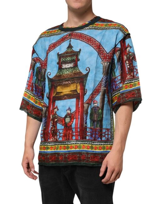 Dolce & Gabbana Blue Multicolor Cotton Linen Temple Print T for men