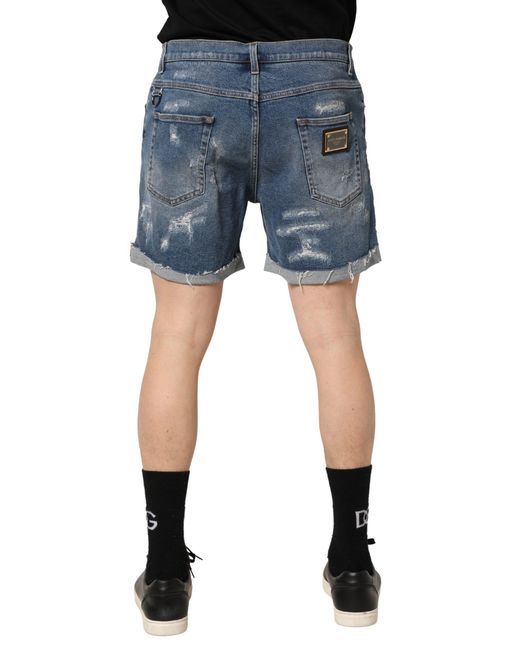 Dolce & Gabbana Blue Cotton Distressed Denim Bermuda Shorts for men