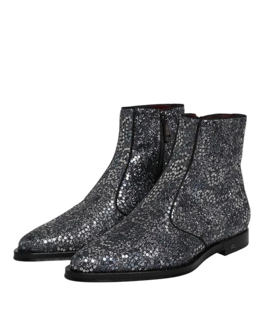 Dolce & Gabbana Brown Dark Gray Cotton Sequined Chelsea Boots Shoes for men