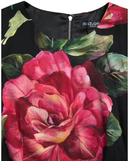 Dolce & Gabbana Red Black Floral Print Silk Sheath Midi Dress