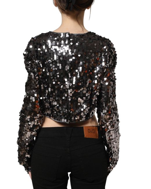 Dolce & Gabbana Black Sequined Long Sleeves Crop Blouse Top Nylon