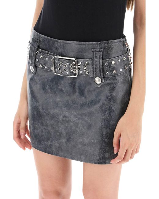 Alessandra Rich Gray Leather Mini Skirt With Belt And Appliques