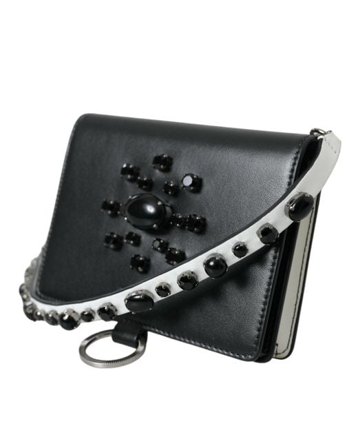 Dolce & Gabbana Black Elegant Crystal-Embellished Leather Card Holder