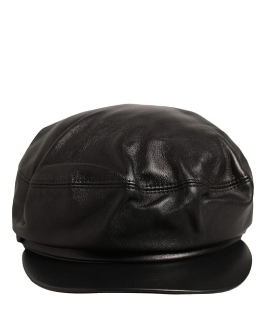 Dolce & Gabbana Black Lambskin Leather Newsboy Capello Hat