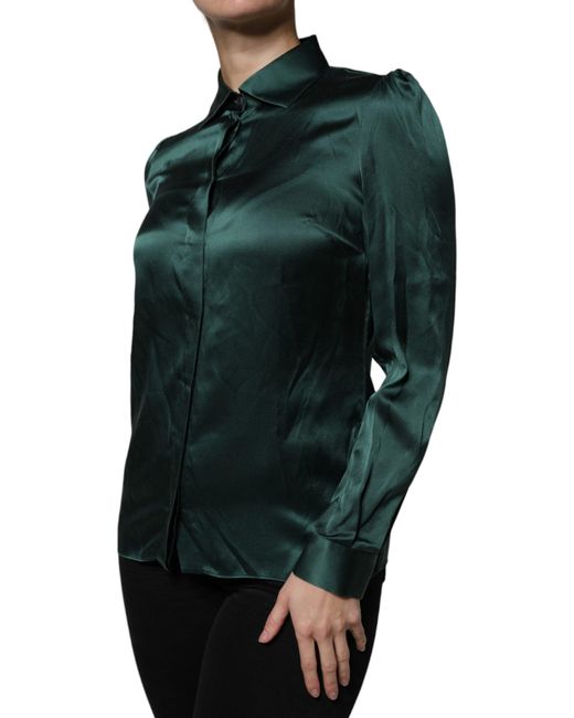 Dolce & Gabbana Green Silk Button Down Long Sleeves Blouse Top