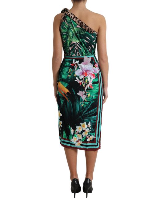 Dolce & Gabbana Green Tropical Jungle Print One Shoulder Midi Dress