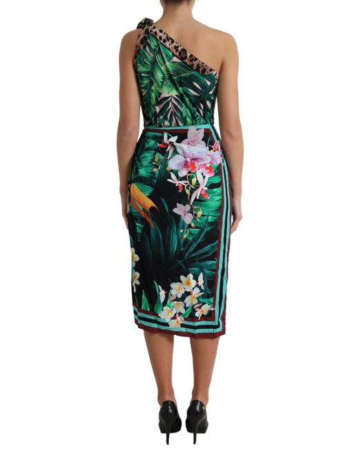 Dolce & Gabbana Green Tropical Jungle Print One-Shoulder Dress