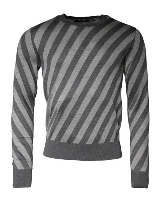 Dolce & Gabbana Gray Stripes Long Sleeve Round Neck Pullover Sweater for men