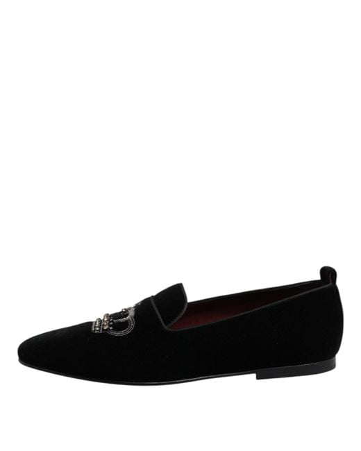 Dolce & Gabbana Black Velvet Crystal Crown Loafers Shoes for men