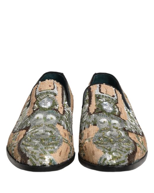 Dolce & Gabbana White Beige Sequin Embroidery Dress Loafers Shoes for men