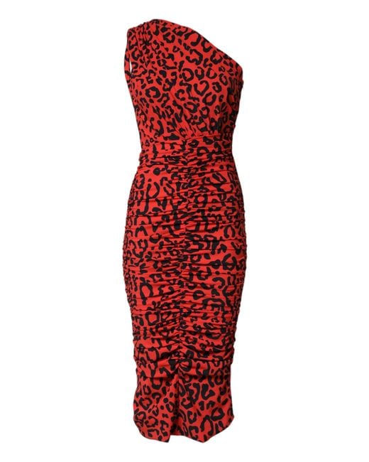 Dolce & Gabbana Red Leopard Print Nylon Sheath Midi Dress 29+Pa