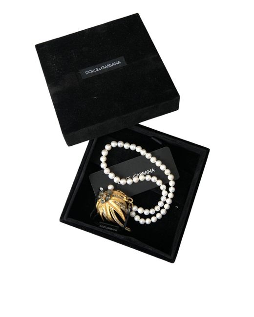 Dolce & Gabbana Metallic Brass Crystal Pearl Tree Pendant Charm Necklace