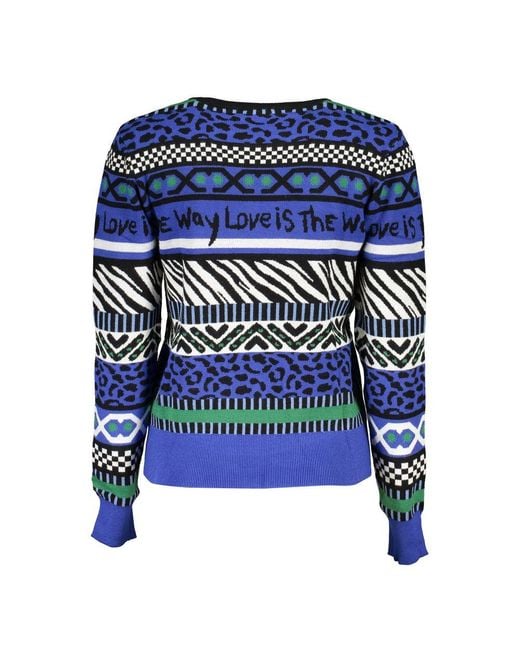 Desigual Blue Elegant Crew Neck Sweater With Contrast Details