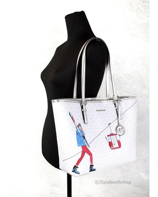 Michael Kors Blue Jet Set Travel Girls Medium Signature Carryall Tote White Mk