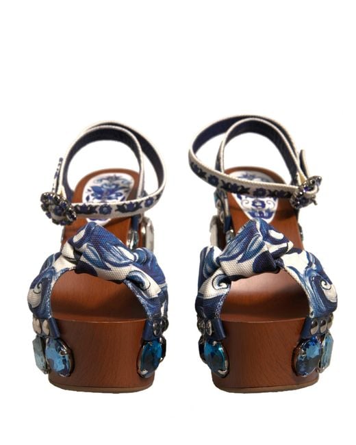 Dolce & Gabbana Blue Multicolor Majolica Embellished Wedge Sandals Shoes