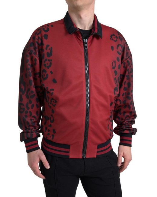 Dolce & Gabbana Red Leopard Polyester Bomber Full Zip Jacket for men