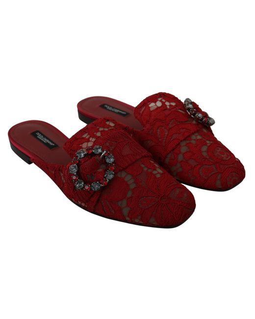 Dolce & Gabbana Red Lace Crystal Slide On Flats Shoes