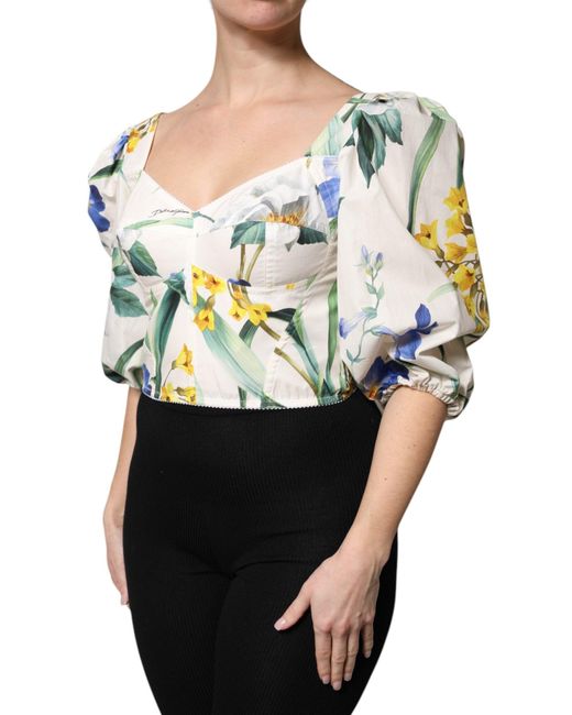 Dolce & Gabbana Black White Floral Puff Sleeves Crop Blouse Top for men