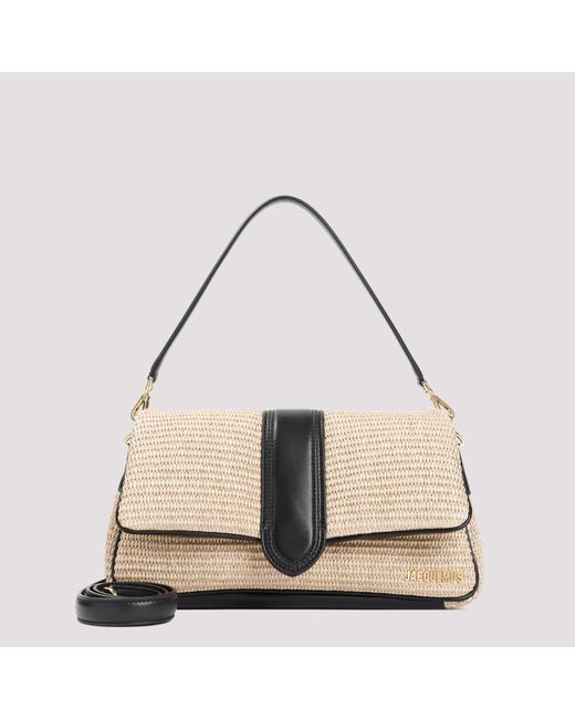 Jacquemus Natural Le Bambimou Bag In Ivory Raffia And Black Leather