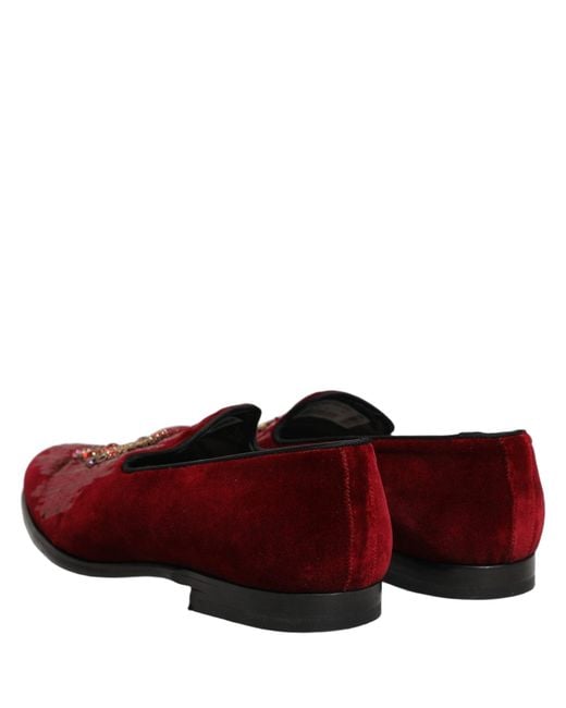 Dolce & Gabbana Red Maroon Sequin Gemstone Dress Loafers Shoes for men