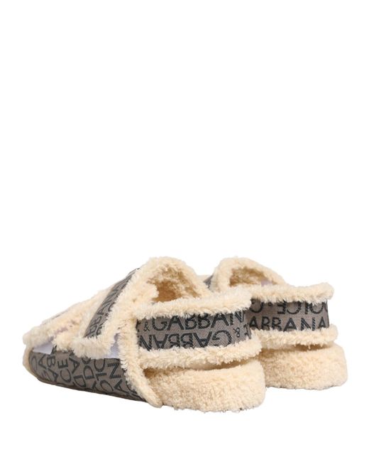 Dolce & Gabbana Natural Beige Faux Fur Logo Print Flats Sandals Shoes for men