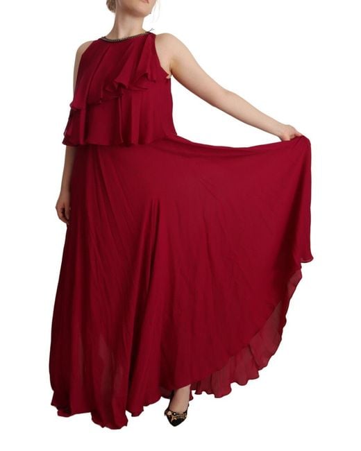 Plein Sud Red Orchid Silk Sleeveless Long Maxi Ruffle Shift Dress