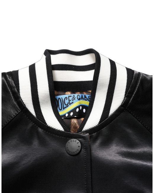 Dolce & Gabbana Black Satin Floral Embroidery Bomber Jacket