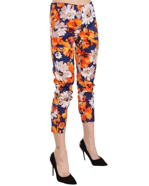 LANACAPRINA Red Blue Floral Print Skinny Slim Fit Trousers Pants