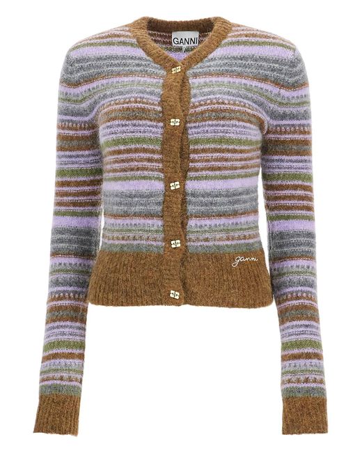 Ganni Gray Soft Wool Stripe Cardigan