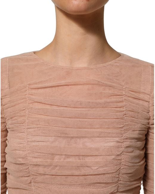 Dolce & Gabbana Natural Beige Cotton Mesh Ruched Sheath Midi Dress
