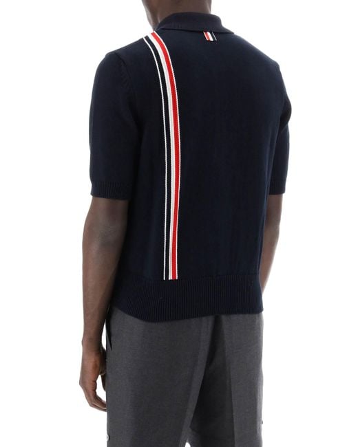 Thom Browne Blue Cotton Knit Polo Shirt With Rwb Stripe for men