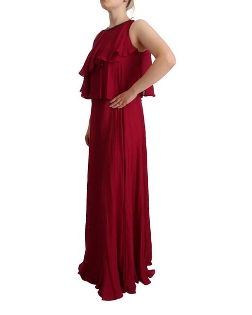 Plein Sud Red Orchid Silk Sleeveless Long Maxi Ruffle Shift Dress