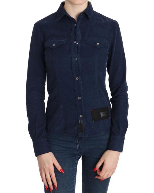 Acht Cotton Blue Corduroy Long Sleeves Shirt Top Blouse