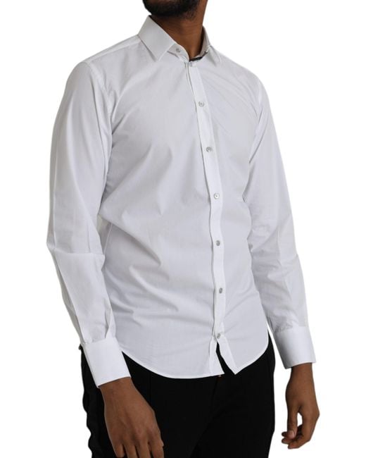 Dolce & Gabbana Gray White Cotton Long Sleeve Dress Martini Shirt for men