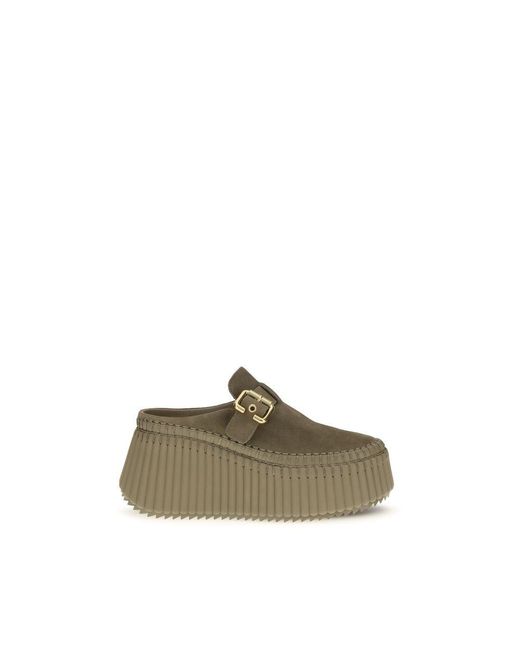 Chloé Green Bicolor Calf Leather Bos Taurus Mules