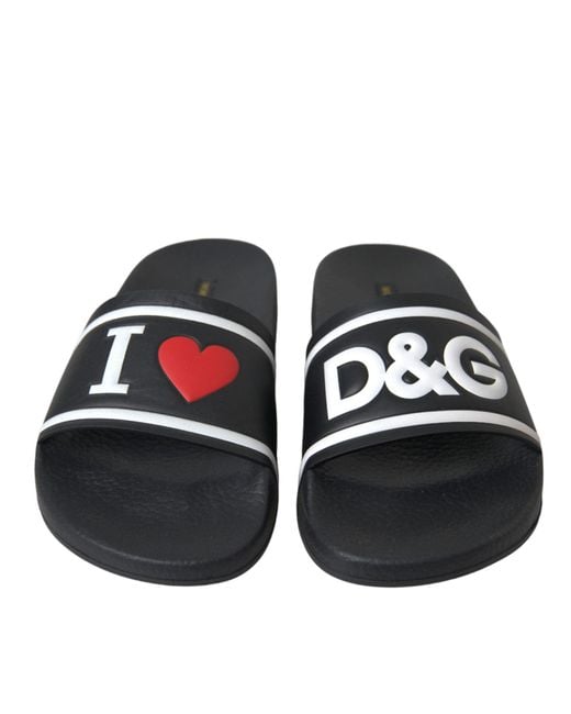 Dolce & Gabbana White Black Leather I Love D&g Sandals Slides Shoes
