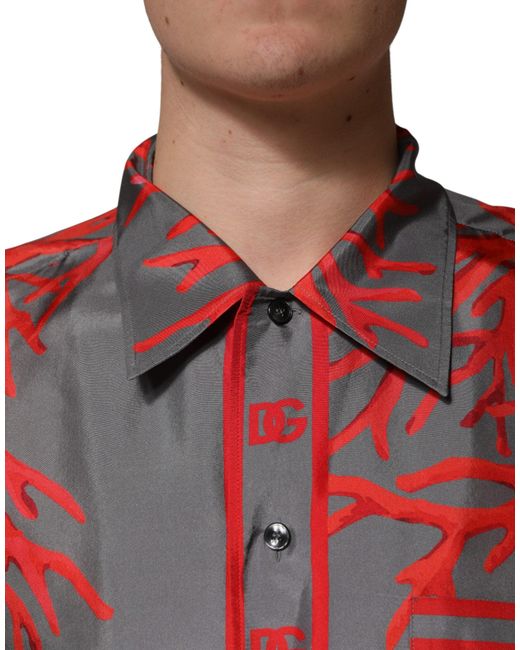 Dolce & Gabbana Red Corals Short Sleeves Casual Shirt Silk for men