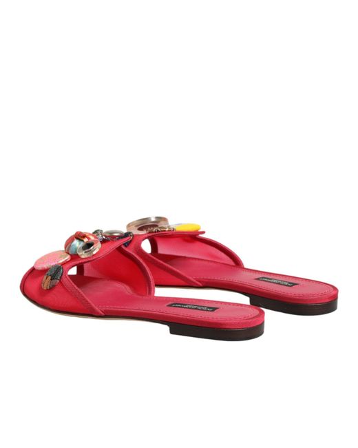 Dolce & Gabbana Red Embellished Flats Slip On Sandals Shoes