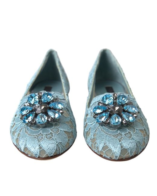 Dolce & Gabbana Blue Vally Taormina Lace Crystals Flats Shoes