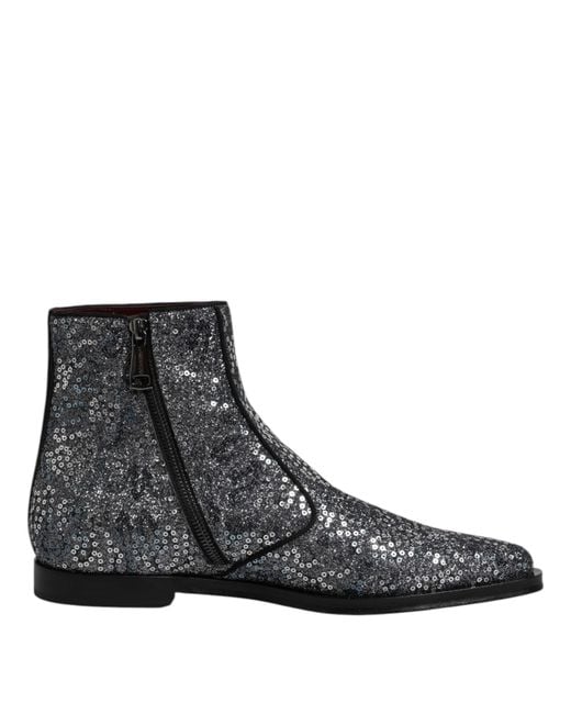 Dolce & Gabbana Brown Dark Gray Cotton Sequined Chelsea Boots Shoes for men