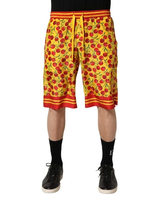 Dolce & Gabbana Orange Yellow Red Cherry Print Silk Bermuda Shorts for men